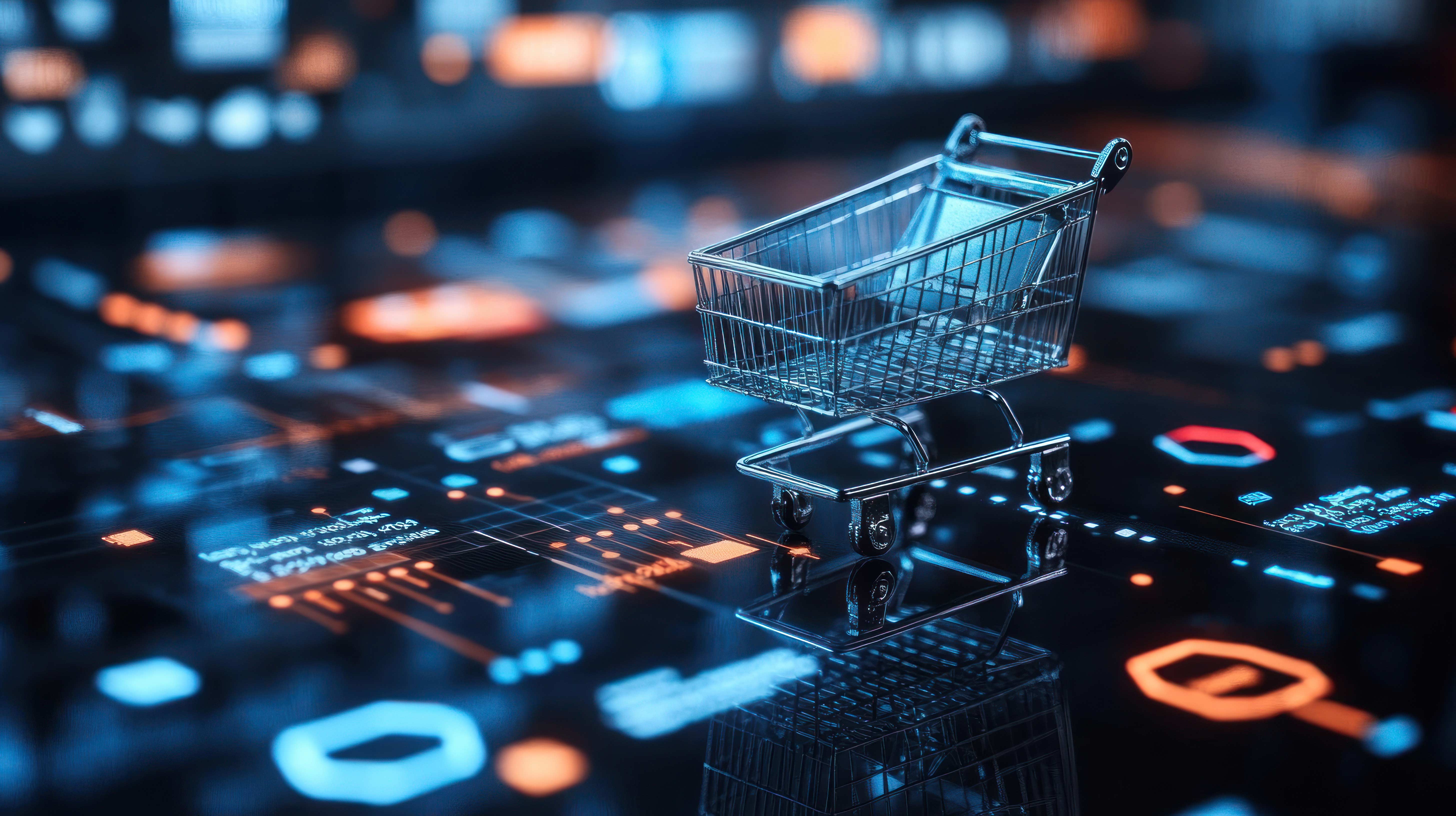 A shopping cart sits on top of a digital floor