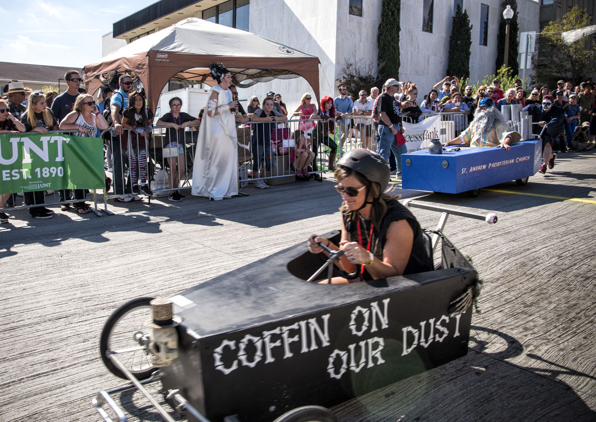 coffin racer speeding down the street