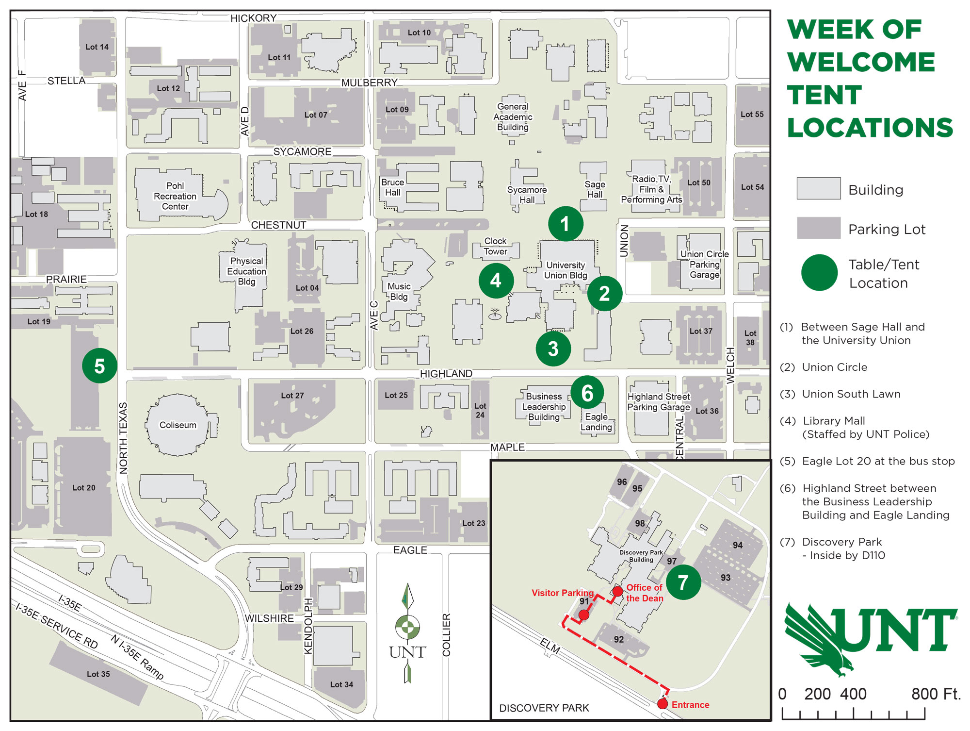 Map of Week of Welcome tent locations on the UNT and Discovery Park campuses